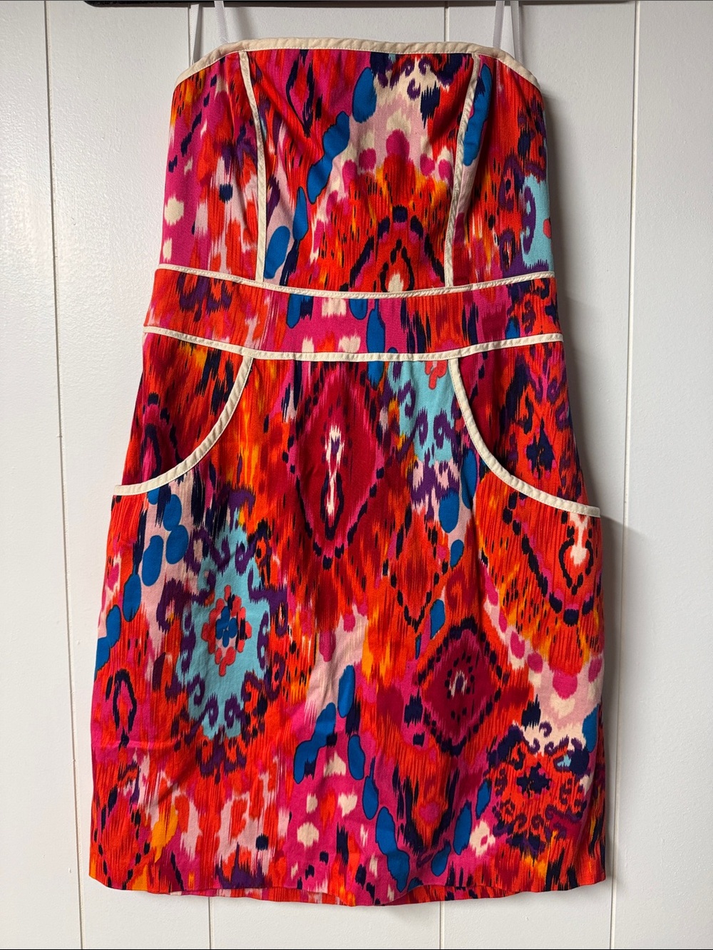 Y2K Strapless Ikat Print One-Piece Dress in Red, Pink & Blue